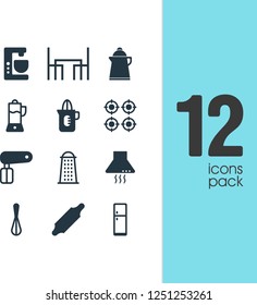 Vector illustration of 12 cooking icons. Editable set of coffee machine, juicer, fridge and other icon elements.