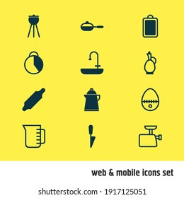 Vector illustration of 12 cooking icons. Editable set of knife, cutting board, egg split and other icon elements.