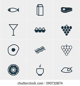 Vector Illustration Of 12 Cooking Icons. Editable Pack Of Scrambled Egg, Sirloin, Milk And Other Elements.