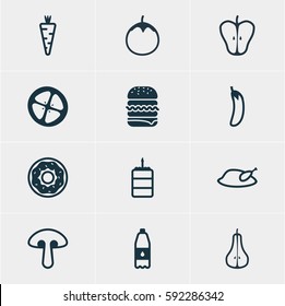 Vector Illustration Of 12 Cooking Icons. Editable Pack Of Apple, Pastry, Veggie And Other Elements.
