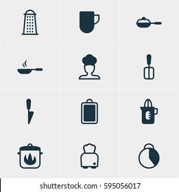 Vector Illustration Of 12 Cooking Icons. Editable Pack Of Timekeeper, Frying Pan, Cook And Other Elements.