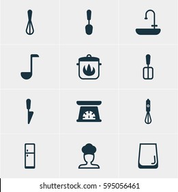Vector Illustration Of 12 Cooking Icons. Editable Pack Of Stewpot, Kitchen Dagger, Soup Spoon And Other Elements.