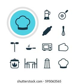 Vector Illustration Of 12 Cooking Icons. Editable Pack Of Bakery Roller, Wine Opener, Oven And Other Elements.