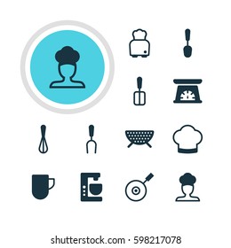 Vector Illustration Of 12 Cooking Icons. Editable Pack Of Tea Cup, Skillet, Cook And Other Elements.