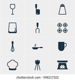 Vector Illustration Of 12 Cooking Icons. Editable Pack Of Corolla, Barbecue, Wine And Other Elements.