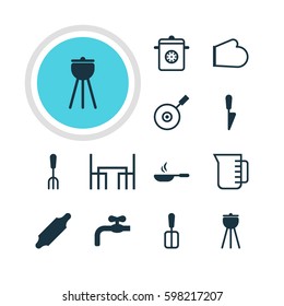 Vector Illustration Of 12 Cooking Icons. Editable Pack Of Kitchen Dagger, Oven Mitts, Frying Pan And Other Elements.