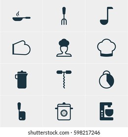 Vector Illustration Of 12 Cooking Icons. Editable Pack Of Frying Pan, Oven Mitts, Fork And Other Elements.