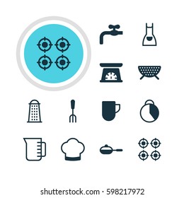 Vector Illustration Of 12 Cooking Icons. Editable Pack Of Timekeeper, Sieve, Chef Hat And Other Elements.