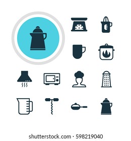 Vector Illustration Of 12 Cooking Icons. Editable Pack Of Slicer, Carafe, Measuring Tool And Other Elements.