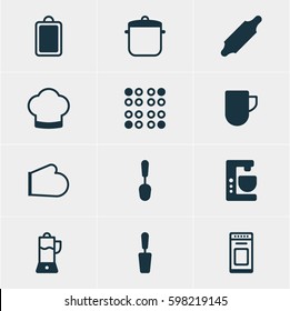 Vector Illustration Of 12 Cooking Icons. Editable Pack Of Oven Mitts, Tea Cup, Chef Hat And Other Elements.