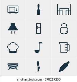 Vector Illustration Of 12 Cooking Icons. Editable Pack Of Dinner Table, Carafe, Refrigerator And Other Elements.