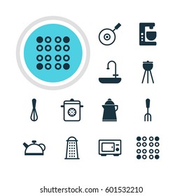 Vector Illustration Of 12 Cooking Icons. Editable Pack Of Mixer, Tea, Fork And Other Elements.