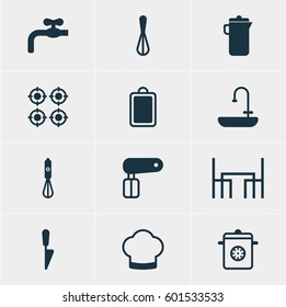 Vector Illustration Of 12 Cooking Icons. Editable Pack Of Kitchen Dagger, Chef Hat, Dinner Table And Other Elements.
