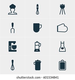 Vector Illustration Of 12 Cooking Icons. Editable Pack Of Tea Cup, Smock, Chopping Desk And Other Elements.