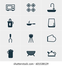 Vector Illustration Of 12 Cooking Icons. Editable Pack Of Washstand, Barbecue Tool, Oven Elements.