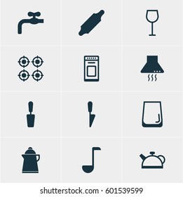 Vector Illustration Of 12 Cooking Icons. Editable Pack Of Extractor Appliance, Furnace, Teakettle And Other Elements.