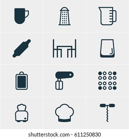 Vector Illustration Of 12 Cooking Icons. Editable Pack Of Dinner Table, Slicer, Cooker And Other Elements.