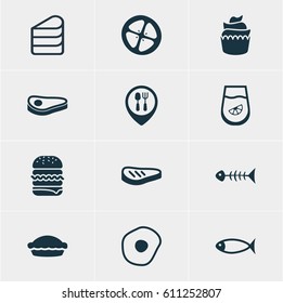 Vector Illustration Of 12 Cooking Icons. Editable Pack Of Seafood, Sandwich, Restaurant Elements.