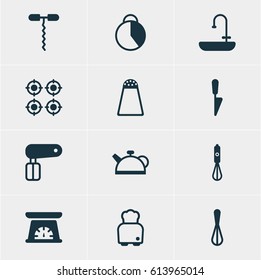 Vector Illustration Of 12 Cooking Icons. Editable Pack Of Wine Opener, Handmixer, Corolla Elements.