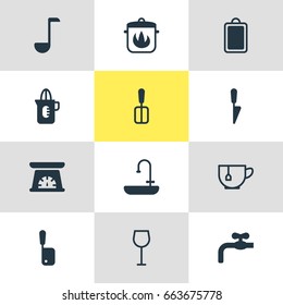 Vector Illustration Of 12 Cooking Icons. Editable Pack Of Butcher Knife, Cooking Spade, Chopping Desk And Other Elements.