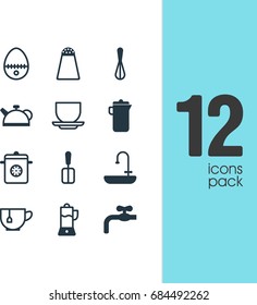 Vector Illustration Of 12 Cooking Icons. Editable Pack Of Steamer, Washstand, Mug Elements.