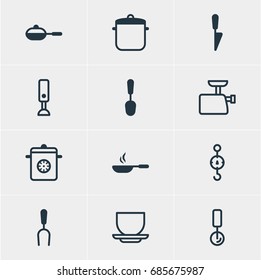 Vector Illustration Of 12 Cooking Icons. Editable Pack Of Barbecue Tool, Soup Pan, Mincer And Other Elements.