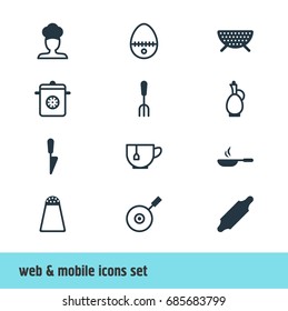 Vector Illustration Of 12 Cooking Icons. Editable Pack Of Sieve, Pepper Container, Bakery Roller And Other Elements.