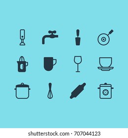 Vector Illustration Of 12 Cooking Icons. Editable Pack Of Tea Cup, Wine, Mixer And Other Elements.