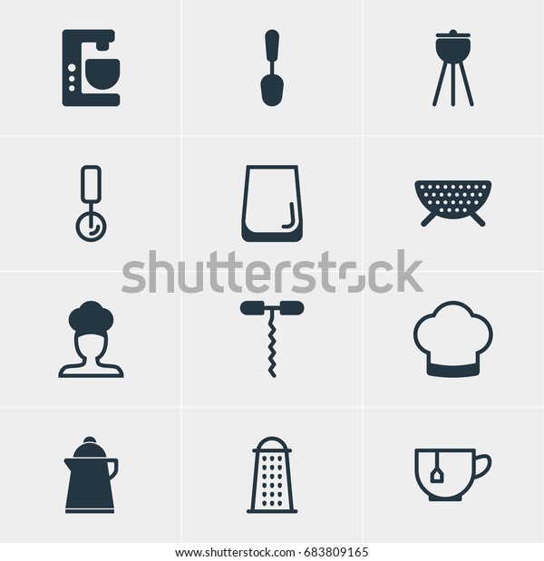 Vector Illustration Of 12\
Cooking Icons. Editable Pack Of Mixer, Chef Hat, Wine Opener And\
Other Elements.