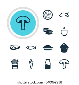 Vector Illustration Of 12 Cuisine Icons. Editable Pack Of Cruet, Bowl, Seafood And Other Elements.