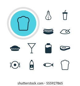 Vector Illustration Of 12 Cuisine Icons. Editable Pack Of Streetfood, Loaf, Martini And Other Elements.