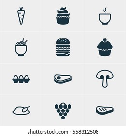 Vector Illustration Of 12 Cuisine Icons. Editable Pack Of Grill, Dessert, Vineyard And Other Elements.
