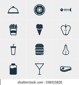 Vector Illustration Of 12 Cuisine Icons. Editable Pack Of Sundae, Beefsteak, Soft Drink And Other Elements.