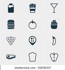 Vector Illustration Of 12 Cuisine Icons. Editable Pack Of Beefsteak, Muscat, Jonagold And Other Elements.