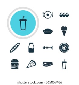 Vector Illustration Of 12 Cuisine Icons. Editable Pack Of Sundae, Flan, Soft Drink And Other Elements.