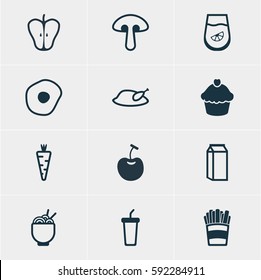 Vector Illustration Of 12 Cuisine Icons. Editable Pack Of Juice, Scrambled Egg, Spaghetti And Other Elements.