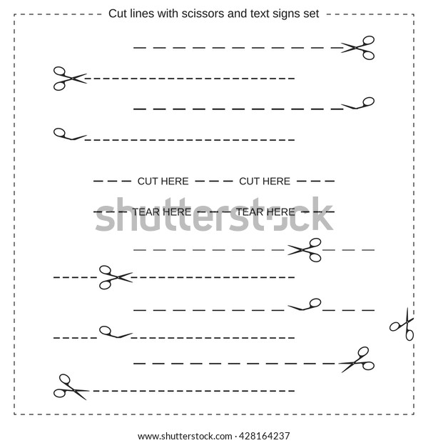 Vector illustration of 12 cut lines with\
scissors and text signs \