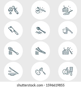 Vector illustration of 12 cutlery icons line style. Editable set of potato masher, cake server, chopping knife and other icon elements.