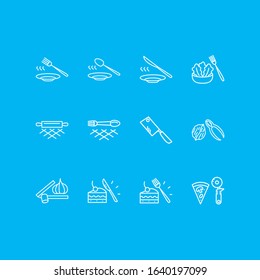 Vector illustration of 12 cutlery icons line style. Editable set of nutcracker, pizza slicer, dinner knife and other icon elements.