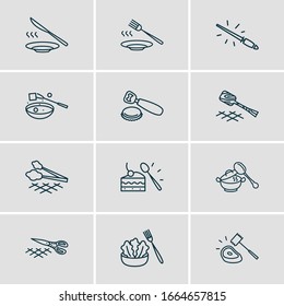 Vector illustration of 12 cutlery icons line style. Editable set of dessert spoon, dinner fork, salad fork and other icon elements.