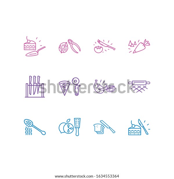 Vector illustration of 12 cutlery icons line\
style. Editable set of poultry shears, zester, tomato knife and\
other icon elements.