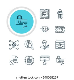 Vector Illustration Of 12 Data Icons. Editable Pack Of System Security, Confidentiality Options, Internet Surfing And Other Elements.
