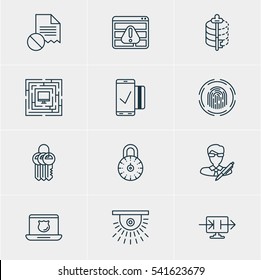 Vector Illustration Of 12 Data Icons. Editable Pack Of Finger Identifier, Data Security, Encoder And Other Elements.