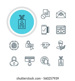 Vector Illustration Of 12 Data Icons. Editable Pack Of Send Information, Confidentiality Options, Account Data And Other Elements.