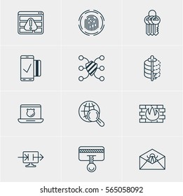 Vector Illustration Of 12 Data Icons. Editable Pack Of Corrupted Mail, Browser Warning, Safeguard And Other Elements.