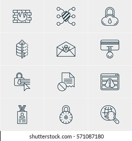 Vector Illustration Of 12 Data Icons. Editable Pack Of Safe Storage, Confidentiality Options, Internet Surfing And Other Elements.