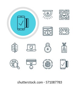 Vector Illustration Of 12 Data Icons. Editable Pack Of Encoder, Finger Identifier, Safety Key And Other Elements.