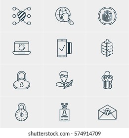 Vector Illustration Of 12 Data Icons. Editable Pack Of Data Security, Safeguard, Finger Identifier And Other Elements.