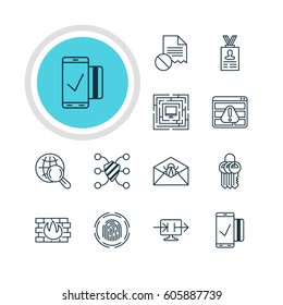 Vector Illustration Of 12 Data Icons. Editable Pack Of Data Error, Finger Identifier, Account Data And Other Elements.