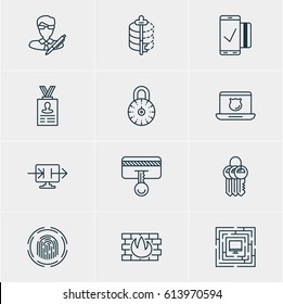 Vector Illustration Of 12 Data Icons. Editable Pack Of Key Collection, Safety Key, Encoder And Other Elements.